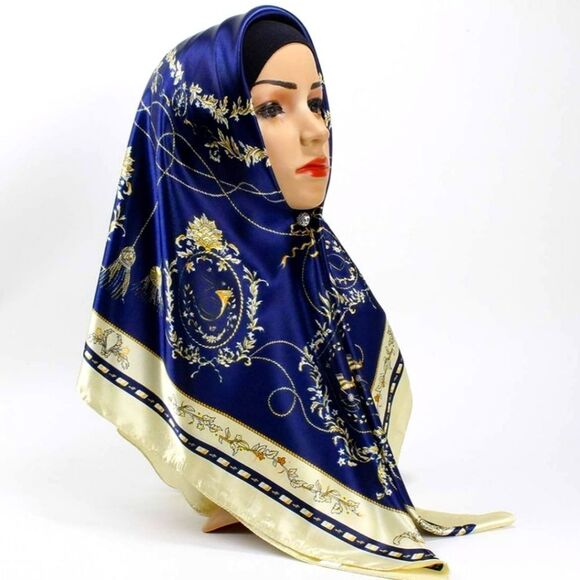 Scarf Headwraps for Women Silk Scarf Navy Satin Print 35 x 35 - Picture 9 of 12